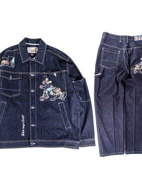 VTG Raw Blue Embroidered Denim Suit Set XL 34x33 Y2K Hip Hop Baggy Jeans Jacket